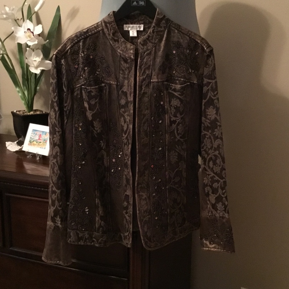 Coldwater Creek-EUC-Women’s Rich Brown Sheen Jacquard Embellished Jacket